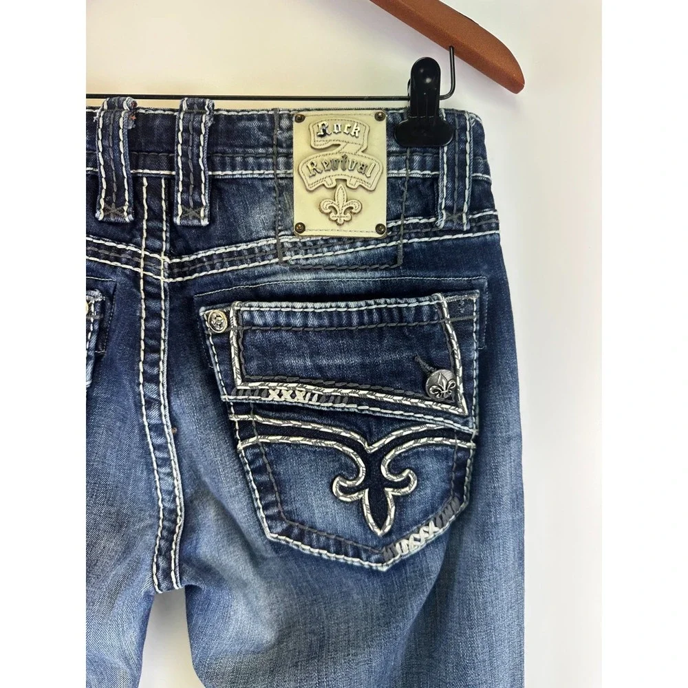 Rock Revival Destin Boot Cut Jeans Embellished Denim Embroidered Cowboy Mens 32